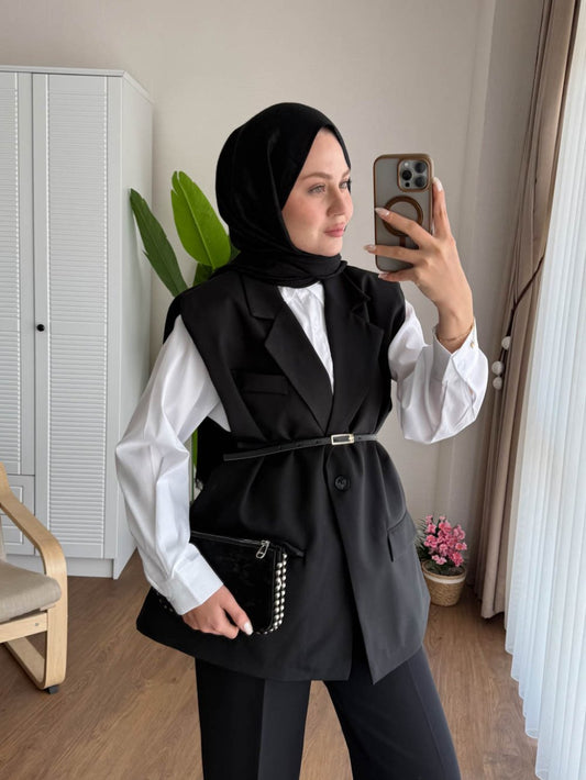 Vatkalı Oversize Yelek Siyah