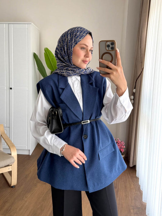 Vatkalı Oversize Yelek Lacivert