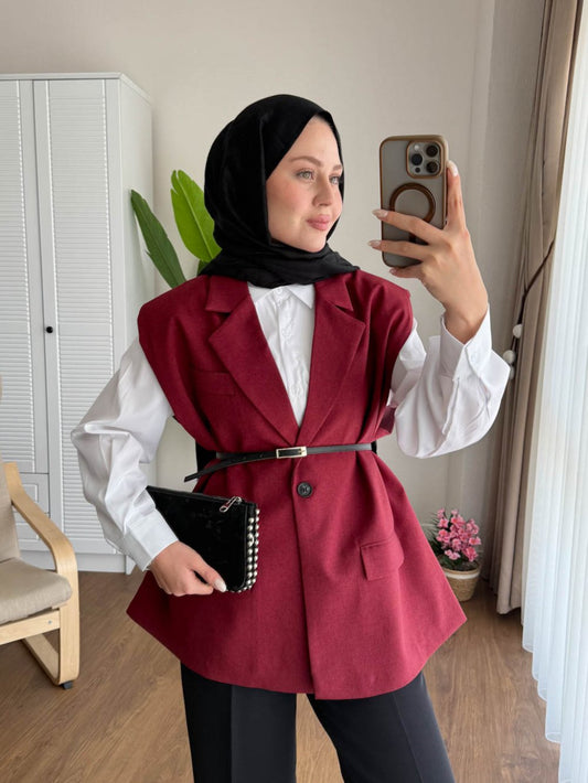 Vatkalı Oversize Yelek Bordo
