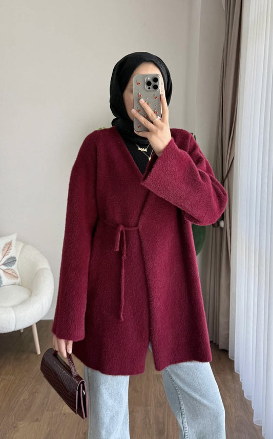 Yandan Bağcıklı Sakallı Triko Hırka Bordo