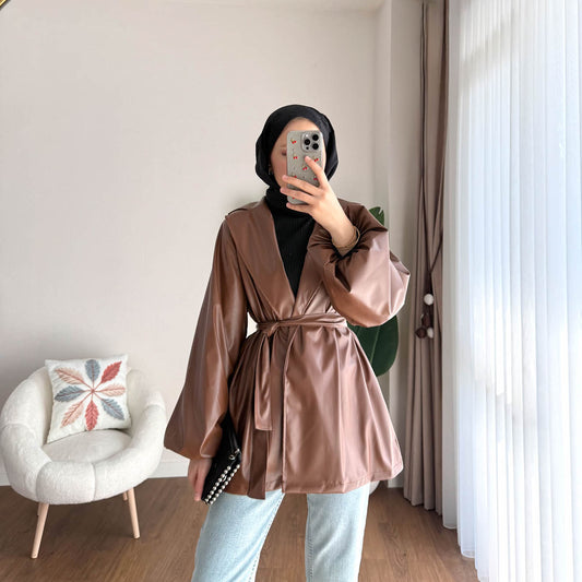 Balon Kol Beli Kuşaklı Deri Trenç  Acı Kahve